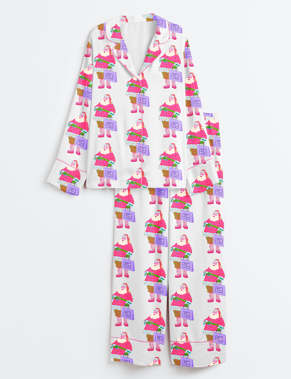 Womenâ€™s Pink Santa Shopping Merry Christmas Long Sleeve Satin Pajama Set