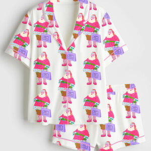 Womenâ€™s Pink Santa Shopping Merry Christmas Short Sleeve Satin Pajama Set