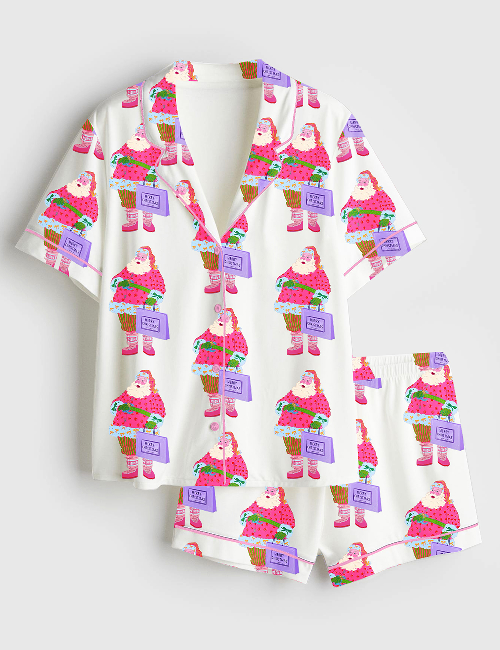 Womenâ€™s Pink Santa Shopping Merry Christmas Short Sleeve Satin Pajama Set