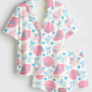 Womenâ€™s Pink Seashells Scallops Coquette Bow Pastel Coastal Beach Short Sleeve Satin Pajama Set