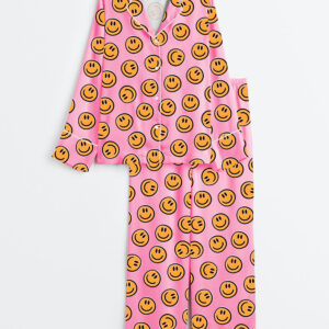 Women's Pink Smiley Face Long Sleeve Satin Pajamas Set