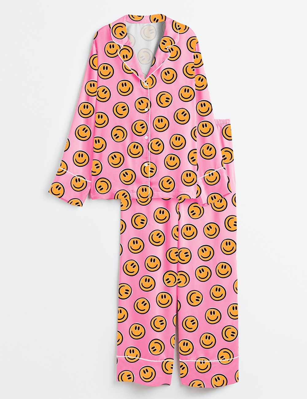 Women's Pink Smiley Face Long Sleeve Satin Pajamas Set