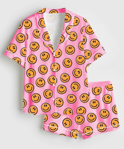 Women's Pink Smiley Face Short Sleeve Satin Pajama Set