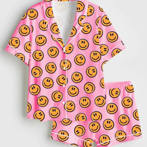 Womenâ€™s Pink Smiley Face Short Sleeve Satin Pajama Set