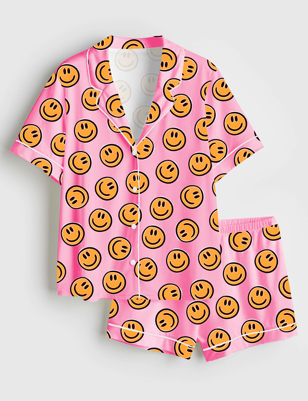 Womenâ€™s Pink Smiley Face Short Sleeve Satin Pajama Set