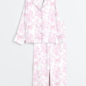 Women's Pink Toile De Jouy Coquette Vintage Bow Floral Long Sleeve Satin Pajama Set