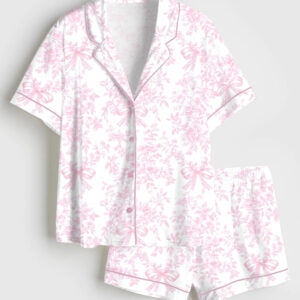 Women's Pink Toile De Jouy Coquette Vintage Bow Floral Short Sleeve Satin Pajama Set