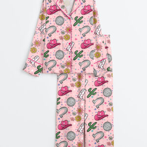 Women's Pink Western Disco Cowgirl Long Sleeve Satin Pajamas Set