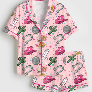 Women's Pink Western Disco Cowgirl Short Sleeve Satin Pajama Set