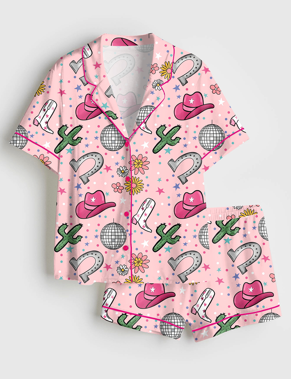 Womenâ€™s Pink Western Disco Cowgirl Short Sleeve Satin Pajama Set