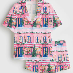 Womenâ€™s Pink Winter Village Elegant Christmas Short Sleeve Silky Satin Pajama Set