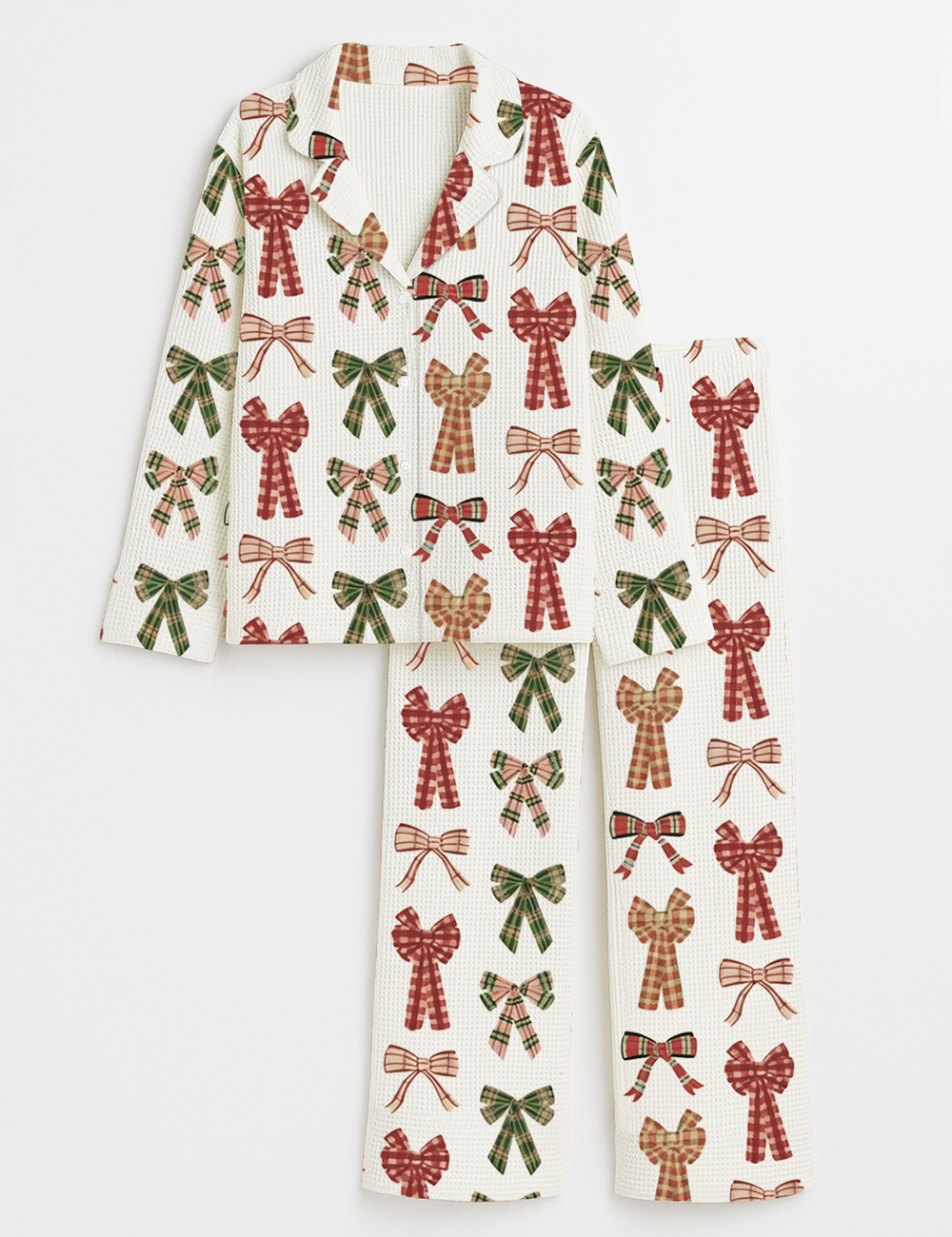Women's Plaid Christmas Bows Long Sleeve Cotton Waffle Pajamas Set