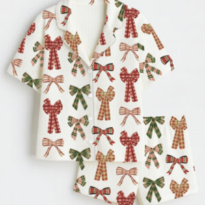 Women's Plaid Christmas Bows Short Sleeve Cotton Waffle Pajama Set