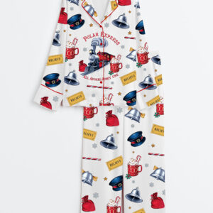 Women's Polar Express Christmas Train North Pole Retro Christmas Long Sleeve Silky Satin Pajamas Set