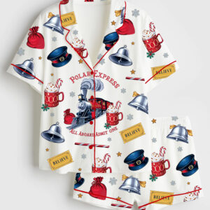 Womenâ€™s Polar Express Christmas Train North Pole Retro Christmas Short Sleeve Silky Satin Pajama Set