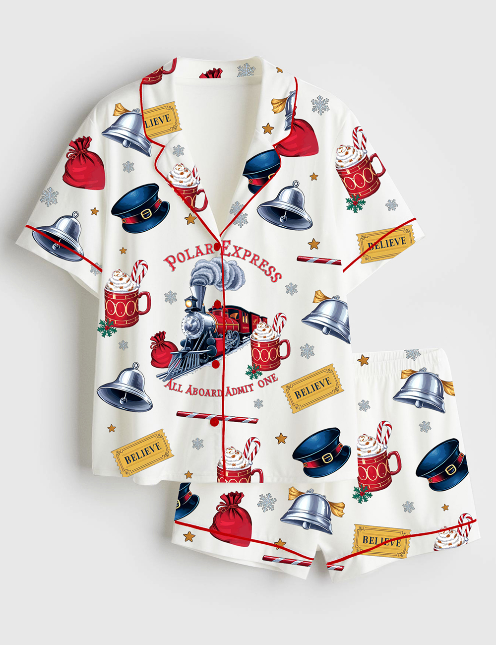 Women's Polar Express Christmas Train North Pole Retro Christmas Short Sleeve Silky Satin Pajama Set