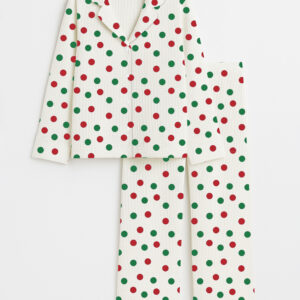 Women's Polka Dots Christmas Holiday Long Sleeve Cotton Waffle Pajama Set