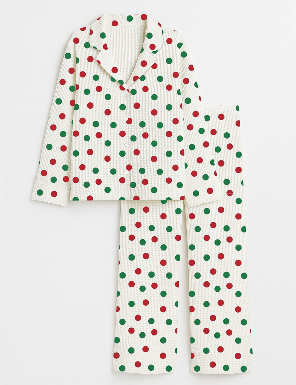 Womenâ€™s Polka Dots Christmas Holiday Long Sleeve Cotton Waffle Pajama Set