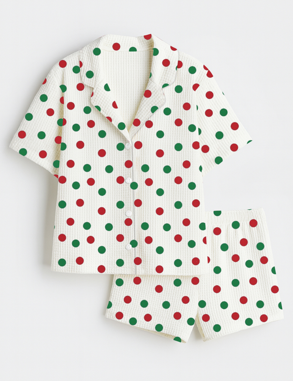 Womenâ€™s Polka Dots Christmas Holiday Short Sleeve Cotton Waffle Pajama Set