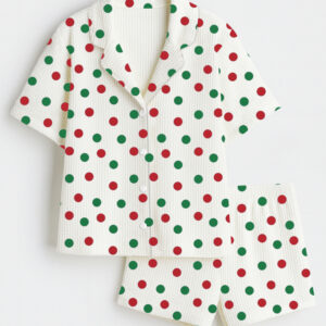 Women's Polka Dots Christmas Holiday Short Sleeve Cotton Waffle Pajama Set