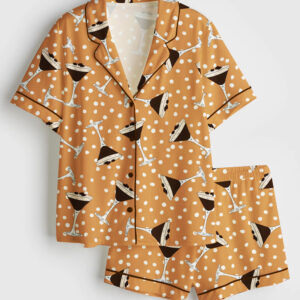 Women's Polka Dots Espresso Martini Party Short Sleeve Satin Pajama Set
