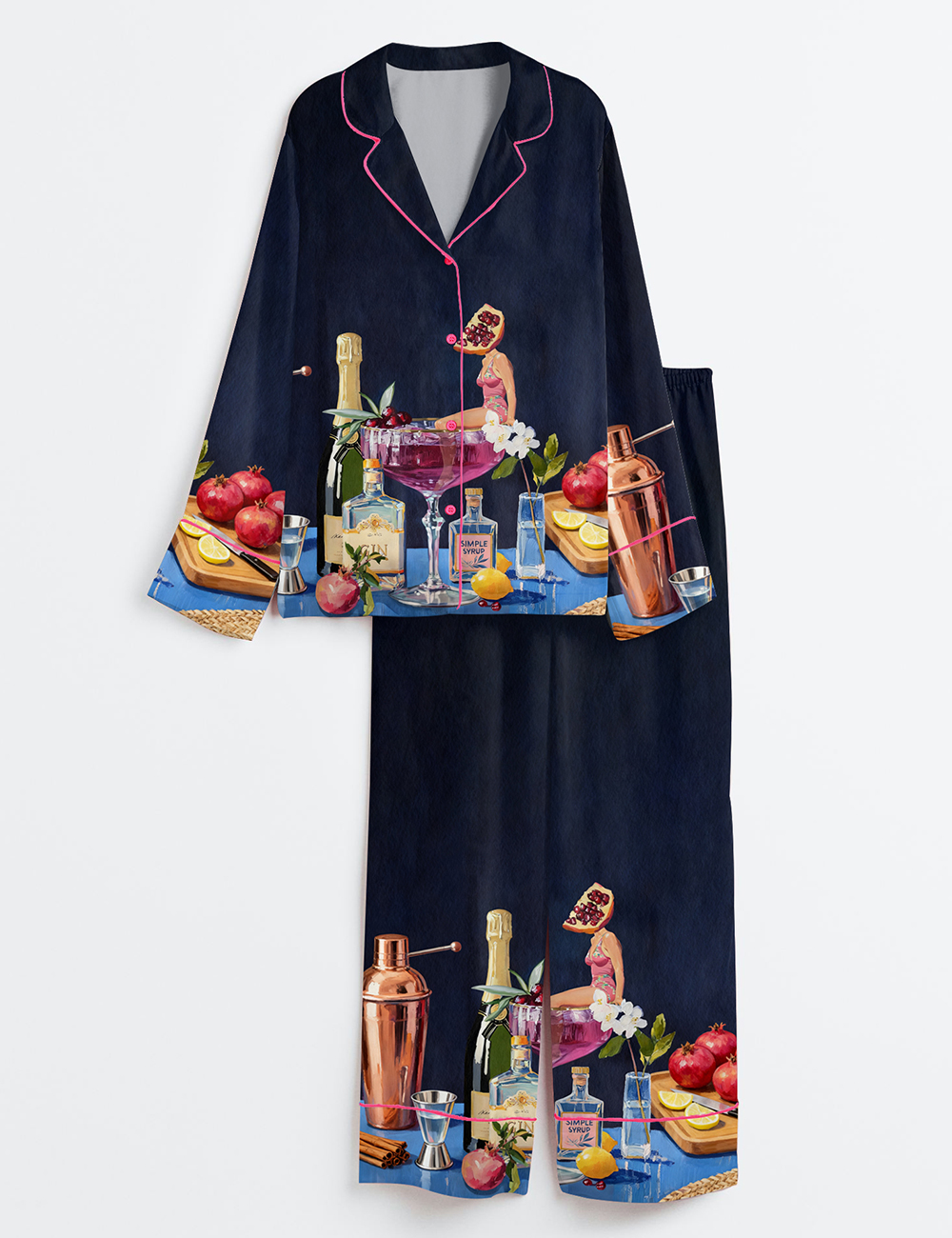 Womenâ€™s Pomegranate Cocktail Retro Bar Vintage French 75 Martini Long Sleeve Satin Pajama Set