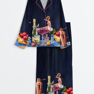 Women's Pomegranate Cocktail Retro Bar Vintage French 75 Martini Long Sleeve Satin Pajamas Set