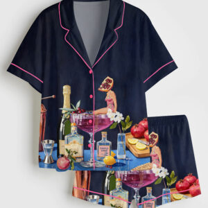Women's Pomegranate Cocktail Retro Bar Vintage French 75 Martini Short Sleeve Satin Pajama Set