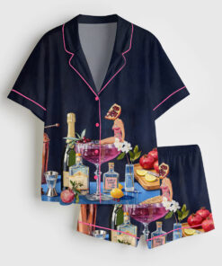 Women's Pomegranate Cocktail Retro Bar Vintage French 75 Martini Short Sleeve Satin Pajama Set