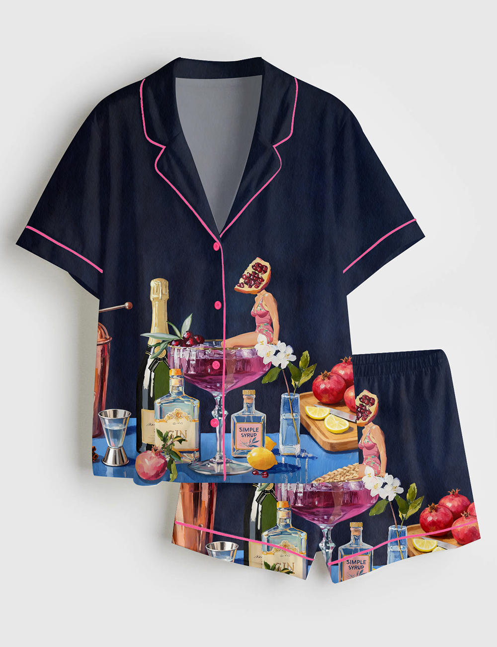 Womenâ€™s Pomegranate Cocktail Retro Bar Vintage French 75 Martini Short Sleeve Satin Pajama Set