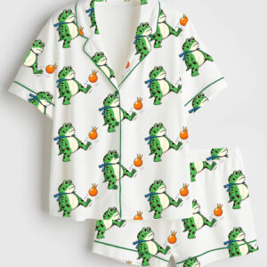 Womenâ€™s Portland Frog No Kings In America Funny Political Meme Short Sleeve Satin Pajama Set