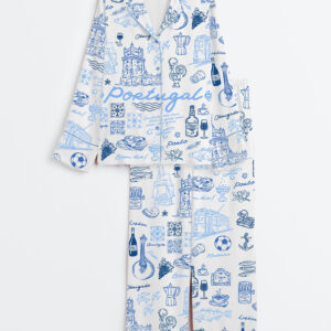 Women's Portugal Whimsical Style Illustration Long Sleeve Satin Pajama Set