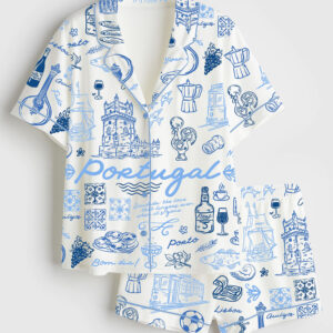 Womenâ€™s Portugal Whimsical Style Illustration Short Sleeve Satin Pajama Set