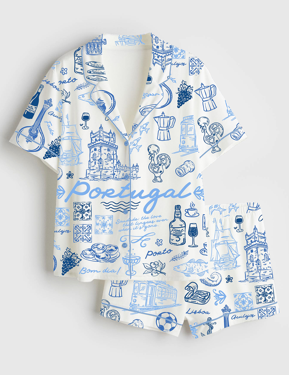 Womenâ€™s Portugal Whimsical Style Illustration Short Sleeve Satin Pajama Set