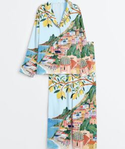 Women's Positano Italy Travel Amalfi Coast Italy Roma Summer Beach Print Long Sleeve Satin Pajama Set
