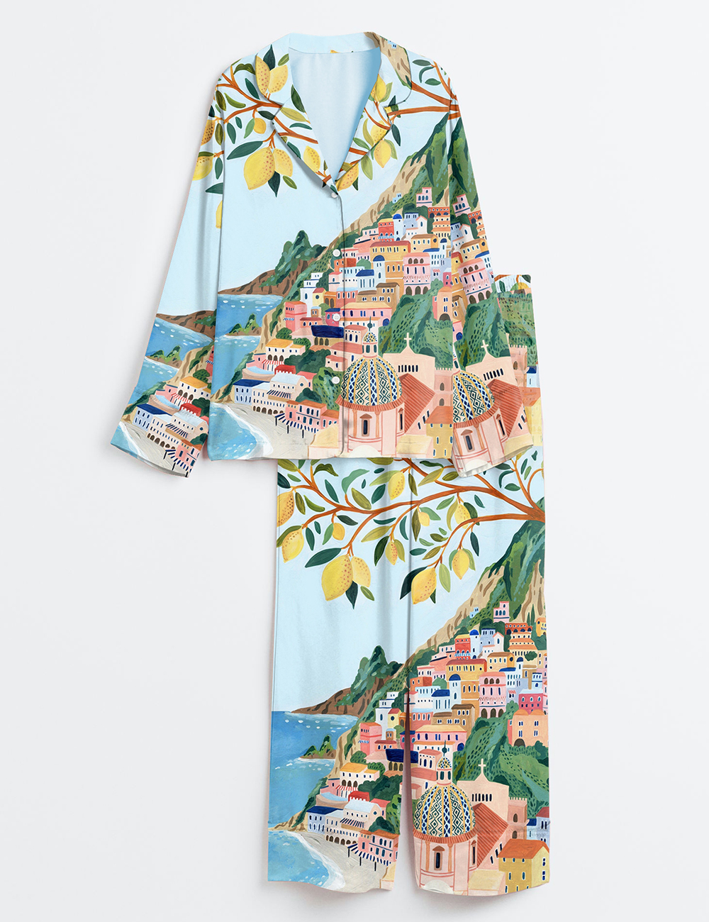 Womenâ€™s Positano Italy Travel Amalfi Coast Italy Roma Summer Beach Print Long Sleeve Satin Pajama Set