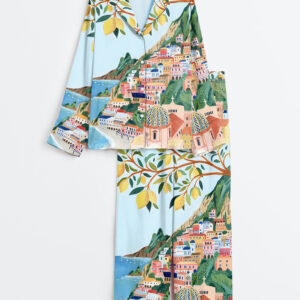 Women's Positano Italy Travel Amalfi Coast Italy Roma Summer Beach Print Long Sleeve Satin Pajamas Set