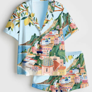 Women's Positano Italy Travel Amalfi Coast Italy Roma Summer Beach Print Short Sleeve Satin Pajama Set