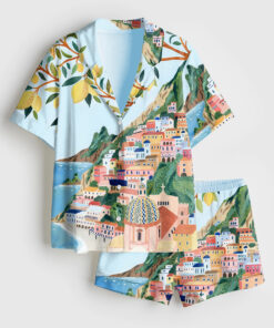 Women's Positano Italy Travel Amalfi Coast Italy Roma Summer Beach Print Short Sleeve Satin Pajama Set