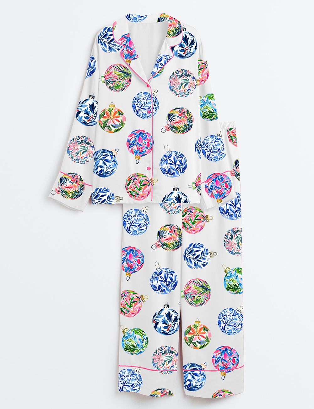 Womenâ€™s Preppy Baubles Watercolor Christmas Holiday Ornaments Print Long Sleeve Satin Pajama Set