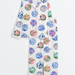 Women's Preppy Baubles Watercolor Christmas Holiday Ornaments Print Long Sleeve Satin Pajama Set