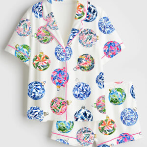 Women's Preppy Baubles Watercolor Christmas Holiday Ornaments Print Short Sleeve Satin Pajama Set