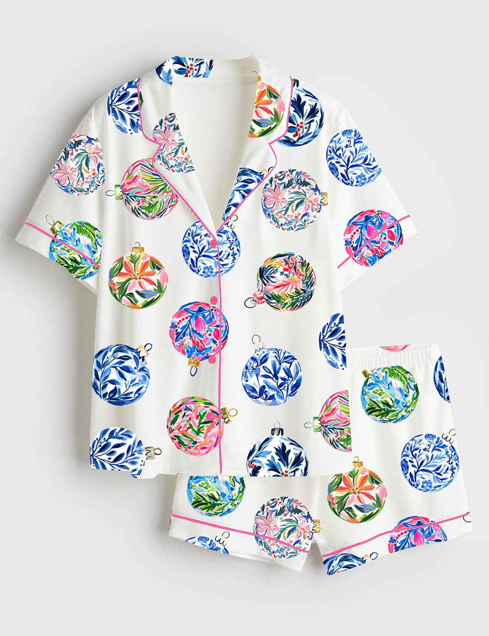 Womenâ€™s Preppy Baubles Watercolor Christmas Holiday Ornaments Print Short Sleeve Satin Pajama Set