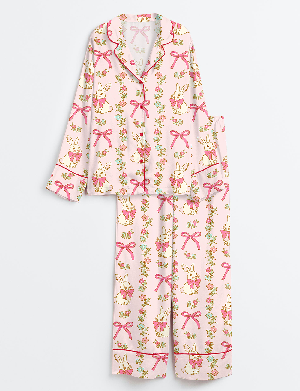 Womenâ€™s Preppy Bunny Easter Pink Long Sleeve Satin Pajama Set