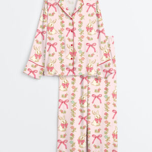Women's Preppy Bunny Easter Pink Long Sleeve Satin Pajama Set