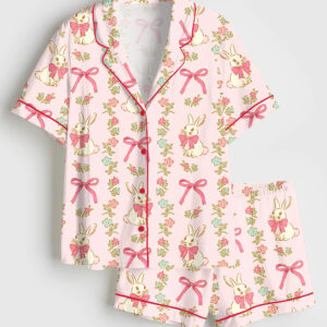 Womenâ€™s Preppy Bunny Easter Pink Short Sleeve Satin Pajama Set