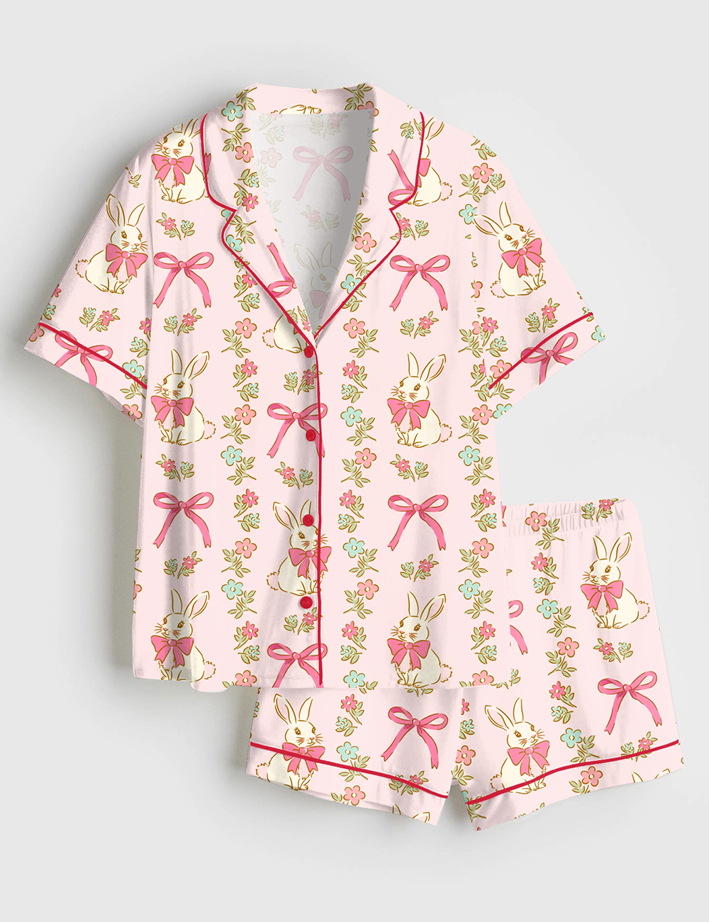 Womenâ€™s Preppy Bunny Easter Pink Short Sleeve Satin Pajama Set