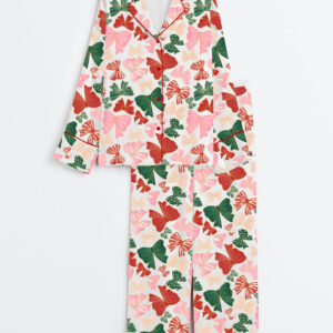 Womenâ€™s Preppy Christmas Coquette Bows Long Sleeve Satin Pajama Set