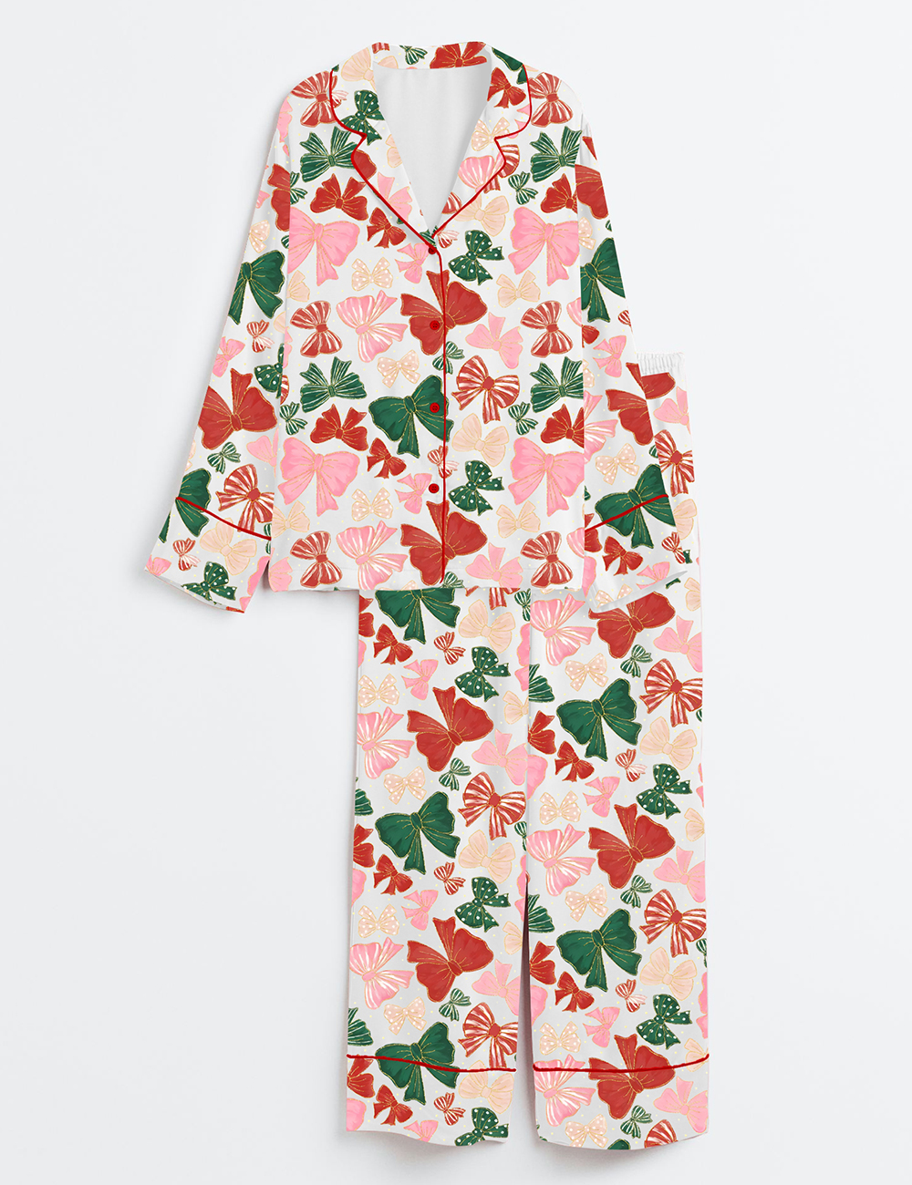 Womenâ€™s Preppy Christmas Coquette Bows Long Sleeve Satin Pajama Set