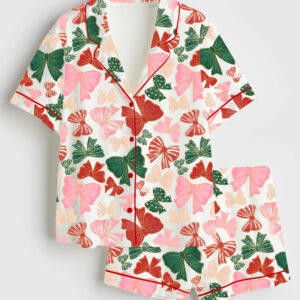 Women's Preppy Christmas Coquette Bows Short Sleeve Satin Pajama Set